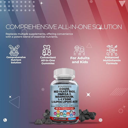 L-Lysine Coq10 Alpha Lipoic Acid Gummies Red Yeast Rice Magnesium Gummy for Adults and Kids - Amino Acid Supplements Omega 3 Niacin Zinc Vitamin K2 D3 B3 - Vitamins for Women and Men - 60 Gummy Bears