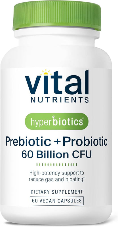 Hyperbiotics Vital Nutrients Prebiotic + Probiotic 60 Billion CFU (Prev. Pre+Pro 60B) | High-Potency Immune & Upper Respiratory Probiotic | Reduce Gas & Bloating | Shelf-Stable | Vegan | 30 Capsules