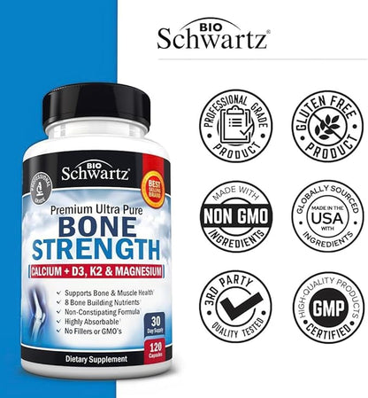 Bone Strength Calcium Supplement - With Calcium, Vitamin D3, K2, C, Magnesium, Zinc - 8 Bone-Building Nutrients, High Absorption, Non-Constipating Formula - 120 Veggie Capsules for Optimal Bone Health