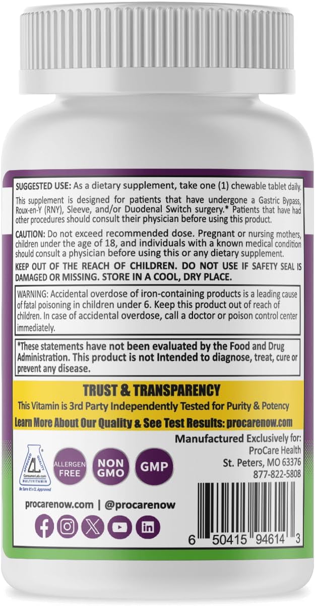 Procare Health Bariatric Multivitamin with Iron 45mg Chewable (30 Tablets) - Fruit Punch Flavor Bariatric Multivitamin Chewable Pills for Gastric Bypass & Sleeve Gastrectomy Patients (01 Month Supply)