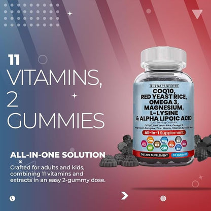 L-Lysine Coq10 Alpha Lipoic Acid Gummies Red Yeast Rice Magnesium Gummy for Adults and Kids - Amino Acid Supplements Omega 3 Niacin Zinc Vitamin K2 D3 B3 - Vitamins for Women and Men - 60 Gummy Bears