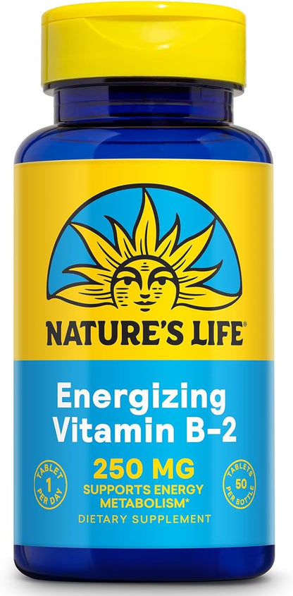 Natures Life Vitamin B-2 250 mg - Vitamin B2 Energy Pills for Metabolism Support - High-Potency Riboflavin Plus Calcium Supplement - One Per Day - 50 Servings, 50 Tablets