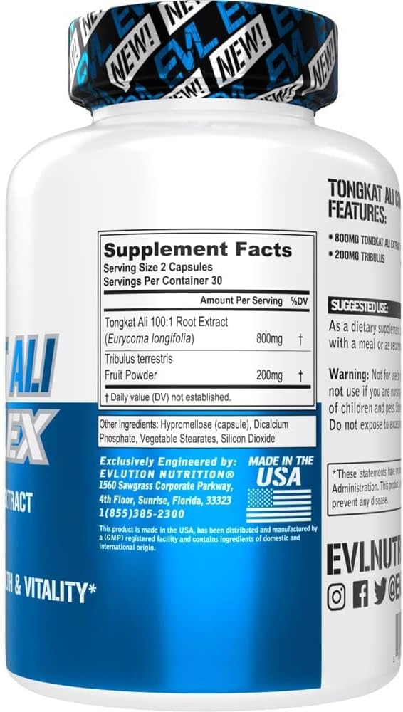 Evlution Nutrition Tongkat Ali - Men’s Health + Vitality Supplement - 800mg Tongkat Ali + 200mg Tribulus - Performance Support - Vegan + Gluten Free Capsules - 30 Servings
