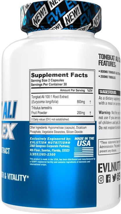 Evlution Nutrition Tongkat Ali - Men’s Health + Vitality Supplement - 800mg Tongkat Ali + 200mg Tribulus - Performance Support - Vegan + Gluten Free Capsules - 30 Servings