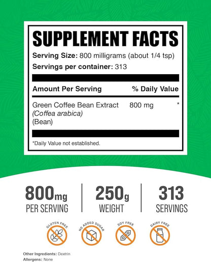 BulkSupplements.com Green Coffee Bean Extract Powder - Green Coffee Bean Supplements, Green Coffee Bean Powder - Energy Support, Gluten Free, 800mg per Serving, 250g (8.8 oz) (Pack of 1)