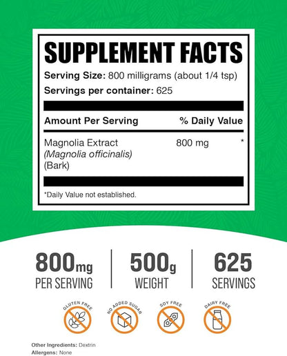 BulkSupplements.com Magnolia Bark Extract Powder - Magnolia Officinalis, Magnolia Bark Supplement, Magnolia Extract - Gluten Free, 800mg per Serving, 500g (1.1 lbs) (Pack of 1)