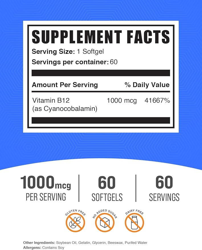 BulkSupplements.com Vitamin B12 1000 mcg Softgels - as Cyanocobalamin, Vitamin B12 Supplement - Essential Vitamin B, Gluten Free, 1 Softgel per Serving, 60 Count (Pack of 1)