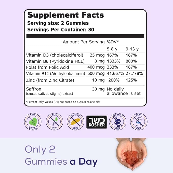 Kids Brain Booster 2IN1 Saffron Extract Nootropic & Multivitamin for Focus, Memory, Attention, Mood - Pure Saffron Gummies for Brain Health Support w/Vitamin D3, B6, B12, Zinc - 60 Gummies