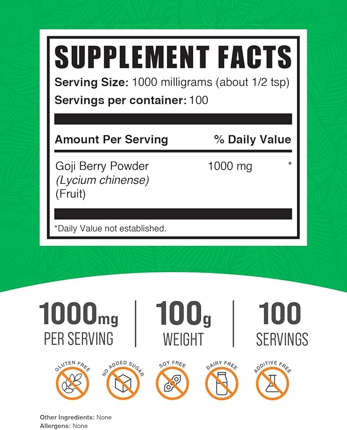 BulkSupplements.com Goji Berry Powder - Goji Berry Supplement, Wolfberry Powder - for Immune Support, Vegan & Gluten Free, 1000mg per Serving, 100g (3.5 oz) (Pack of 1)
