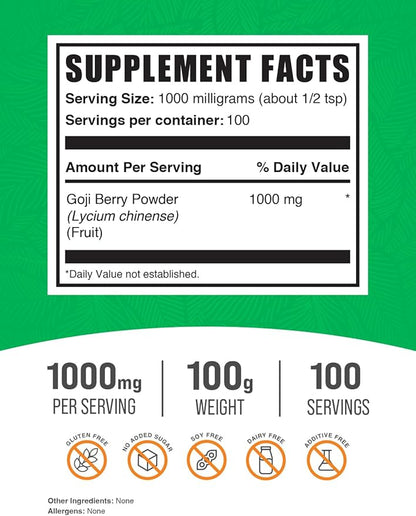 BulkSupplements.com Goji Berry Powder - Goji Berry Supplement, Wolfberry Powder - for Immune Support, Vegan & Gluten Free, 1000mg per Serving, 100g (3.5 oz) (Pack of 1)