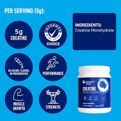 LeanFit Sport CREATINE MONOHYDRATE Powder, Unflavored - Informed Choice Certified, Micronized & Pharmaceutical Grade Creatine, Gluten-Free, Vegan – 5g Creatine Per Serving, 100 Servings, 17.64oz Tub