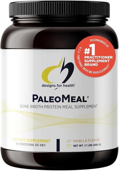 Designs for Health PaleoMeal - Bone Broth Protein Powder with 17g Protein, Meal Replacement Shake Dietary Supplement with Active Folate + Chelated Minerals, Vanilla (15 Servings / 480g)