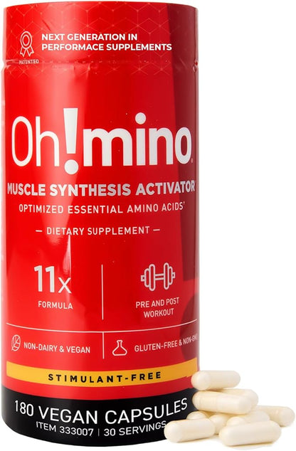 Oh!mino Amino Acids Supplement, Ultimate Muscle Synthesis Activator, Pre and Post Workout Vitamins for Body Conditioning and Muscle Recovery, 180 Vegan Muscle Builder Capsules - Oh!Nutrition