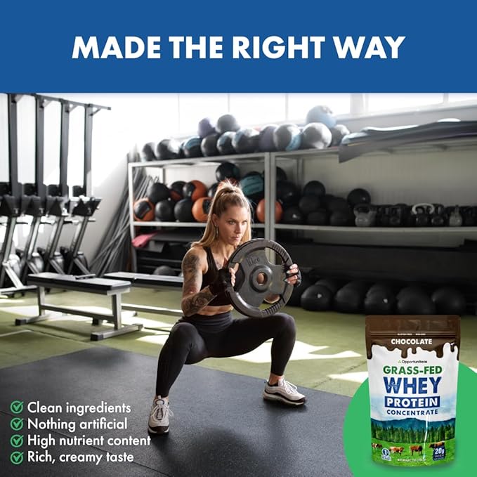 Opportuniteas Grass Fed Whey Protein Powder Concentrate - Chocolate - Pure Protein Supplement - Non GMO, Hormone Free & Gluten Free - 1lb