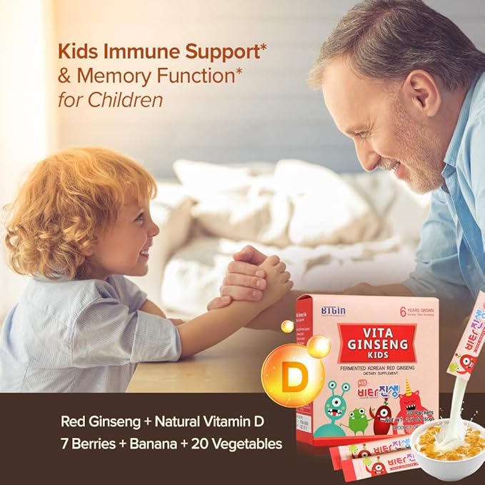 Vita Ginseng Kids, Vitamin D, 7 Berries, Banana, 20 Vegetables, Milk Powder for Immune Support, Focus and Memory Boost, 30 Packets (1Set)