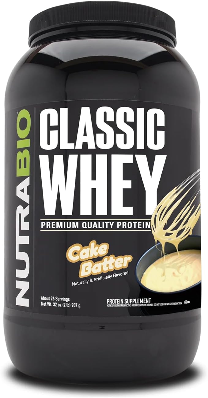 NutraBio Classic Whey Protein Powder- 25G Protein Per Scoop - Full-Spectrum Amino Acid Profile - No Fillers, Artificial Colors, Preservatives - Low Glycemic Index - (Cake Batter, 2 Pounds)