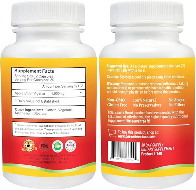 Apple Cider Vinegar All Natural Dietary Supplement – 60 Capsules