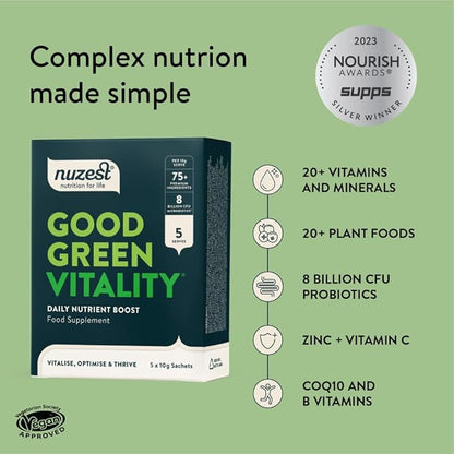 Nuzest Greens Powder Good Green Vitality – Vitamins, Minerals & Superfoods – Vegan Multivitamin Supplement (10g (Pack of 5))