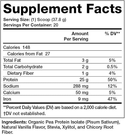 Olympian Labs Plant Based Pea Protein Powder, Vanilla - 25g of Protein, Vegan, Low Net Carbs, Gluten Free, Lactose Free, No Sugar Added, Soy Free, Kosher, Non-GMO, 2 Pound Pea Protein