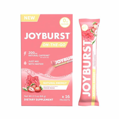 Joyburst Energy Drink Mix, Natural Caffeine (200mg) for Sustained, Jitter Free Energy, On-the-Go Natural Energy Drink Powder, Sugar Free - 16 x 4g Energy Sticks (Frose Rose)