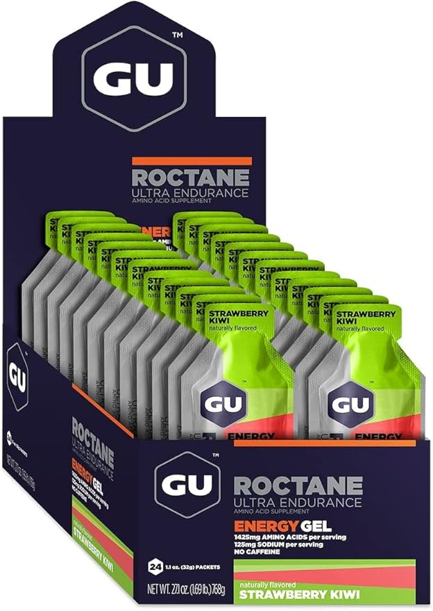 GU Energy Roctane Ultra Endurance Energy Gel, Vegan, Gluten-Free, Kosher, and Dairy-Free On-The-Go Sports Nutrition for Running, Biking, Hiking or Skiing, Strawberry Kiwi (24 Packets)