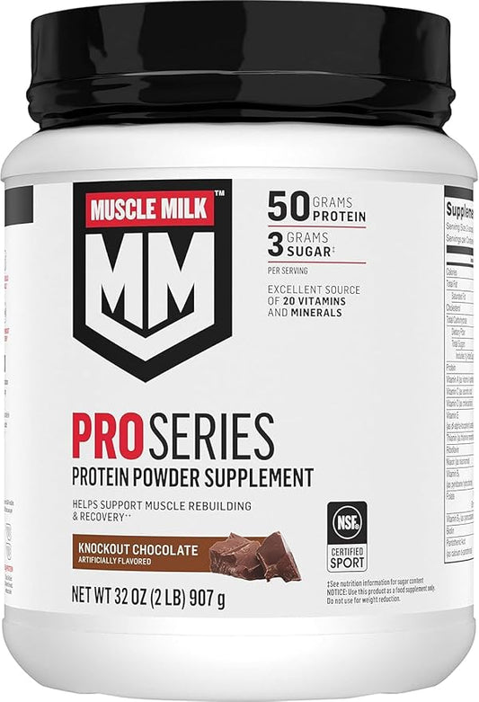 Muscle Milk Pro Series Protein Powder Supplement,Knockout Chocolate,2 Pound,11 Servings,50g Protein,3g Sugar,20 Vitamins & Minerals,NSF Certified for Sport,Workout Recovery,Packaging May Vary