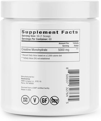 Swolverine Creatine Monohydrate | Best Micronized Creatine Powder, Kre-Alkalyn for Power, Strength, and Boost Performance (Unflavored, 60 Servings)