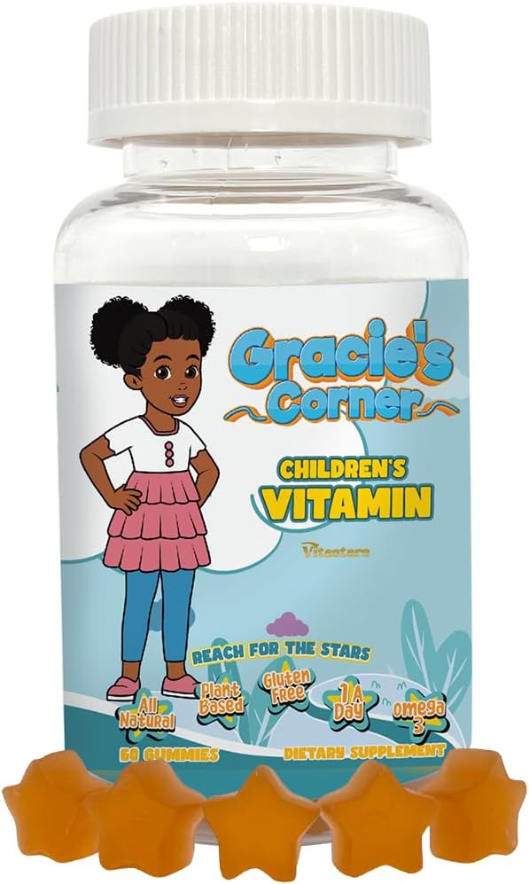 Gracie's Corner Stars Kids Multivitamin Gummies with Omega 3, Selenium, Vitamins A, B, C, D, Plant Based Multi Vitamins for Children, Manganese, 60 Star Shaped Gluten Free Gummies