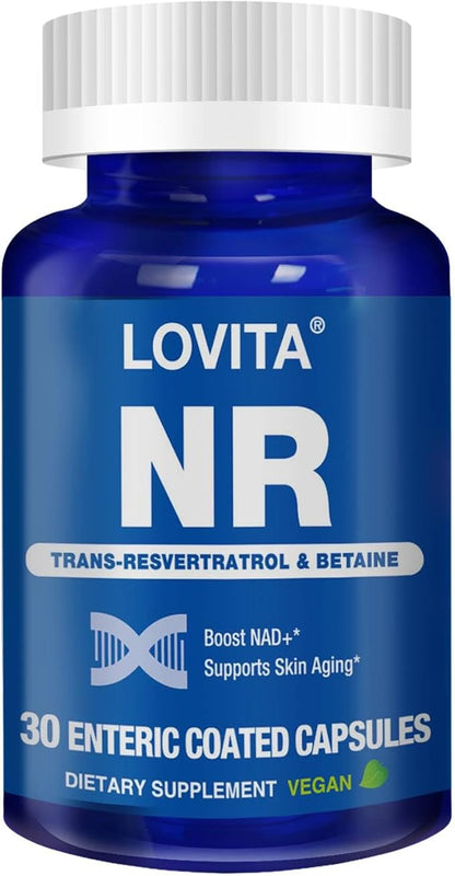 Lovita NR (Nicotinamide Riboside) 350 mg, NAD Supplement with Trans-Resveratrol and Betaine, Promote NAD Plus Levels, Healthy Aging, 30 Vegan Enteric-Coated Capsules