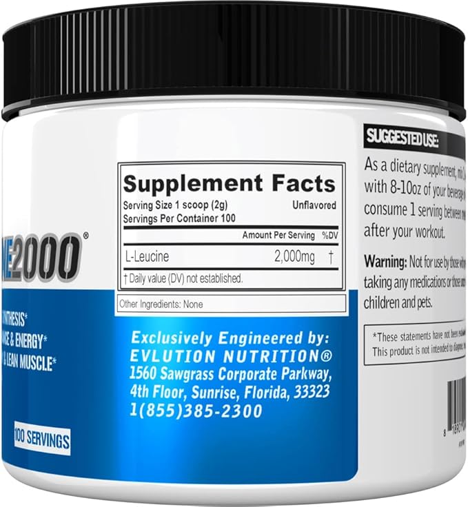 Evlution Nutrition L-Leucine 2000 - Protein Synthesis, Recovery & Muscle Support - Performance & Energy - 2000mg L-Leucine - Gluten Free & Vegan - Unflavored Dietary Supplement Powder - 100 Servings