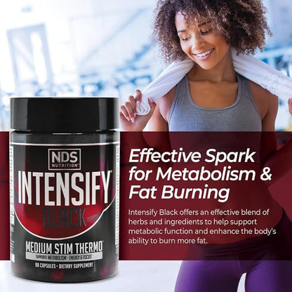 Intensify NDS Nutrition Black - Thermogenic Blend with Advantra Z for Fat and Water Loss - Boost Metabolism, Burn Calories, Help Suppress Appetite - Improve Body Tone, Muscle Definition - 90 Capsules