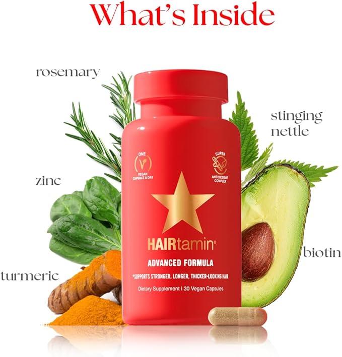 HAIRtamin Vegan Hair Vitamins for Faster Growth | All Natural Biotin Capsules to Support Healthy Hair, Skin and Nails | May Reduce Loss & Thinning | 30 Capsules (1)