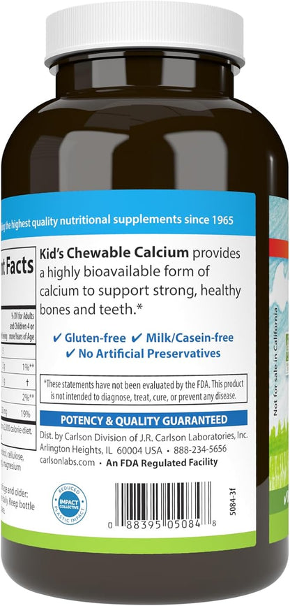 Carlson - Kid's Chewable Calcium, 250 mg, Highly Absorbable, Bone & Teeth Support, Optimal Wellness, Natural Vanilla Flavor, 120 Tablets
