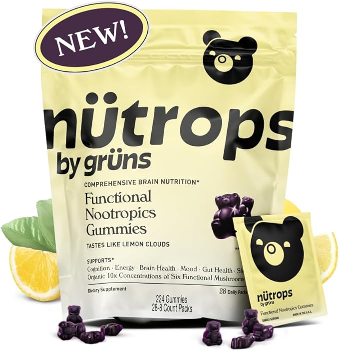 Gruns Nutrops Functional Nootropics Mushroom Gummies, Herbal Brain Supplement Gummy for Energy, Brain Health, Cognitive Support, Mood & Focus - Cordyceps, Lions Mane, Reishi, Chaga & Coriolus Blend