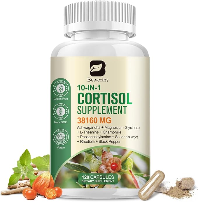Cortisol Supplements for Women & Men, 10-In-1 Cortisol Supplement Lower Cortisol Corti Soothe Magnesium Ashwagandha with L-Theanine, Rhodiola, Cortisol Manager for Stress, Calm Zzz Support, Vegan 120