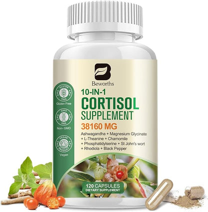 Cortisol Supplements for Women & Men, 10-In-1 Cortisol Supplement Lower Cortisol Corti Soothe Magnesium Ashwagandha with L-Theanine, Rhodiola, Cortisol Manager for Stress, Calm Zzz Support, Vegan 120