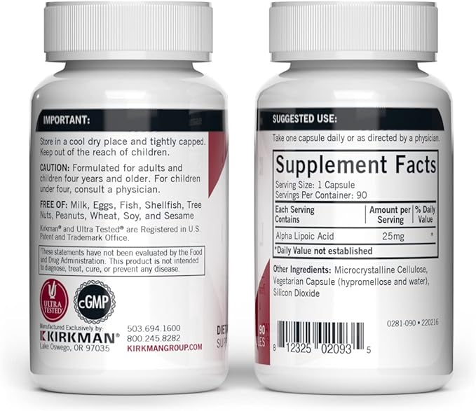 Kirkman - Alpha Lipoic Acid 50 mg - 90 Capsules - Potent Antioxidant - Protects Against Harmful Radicals - Hypoallergenic