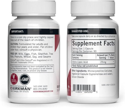 Kirkman - Alpha Lipoic Acid 50 mg - 90 Capsules - Potent Antioxidant - Protects Against Harmful Radicals - Hypoallergenic