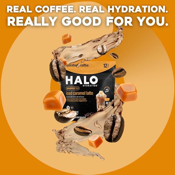 HALO Iced Caramel Latte - Energy Drink Powder – Healthy Coffee Mix for Hydration with Electrolytes, Caffeine, Vitamins and Minerals - 20 Calories - Keto and Low Calorie - 1 x 12 Sticks