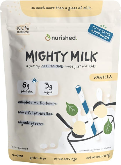 Vanilla Mighty Milk - Kids All-in-One Daily Protein Powder & Multivitamin Boosted with 2 Billion Probiotics & Organic Spinach - Natural Flavors, Colors & Sweeteners - 15-30 Servings
