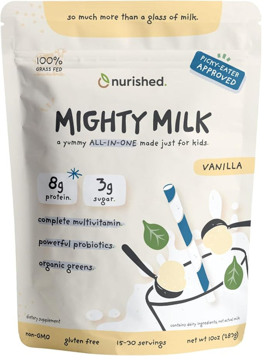 Vanilla Mighty Milk - Kids All-in-One Daily Protein Powder & Multivitamin Boosted with 2 Billion Probiotics & Organic Spinach - Natural Flavors, Colors & Sweeteners - 15-30 Servings