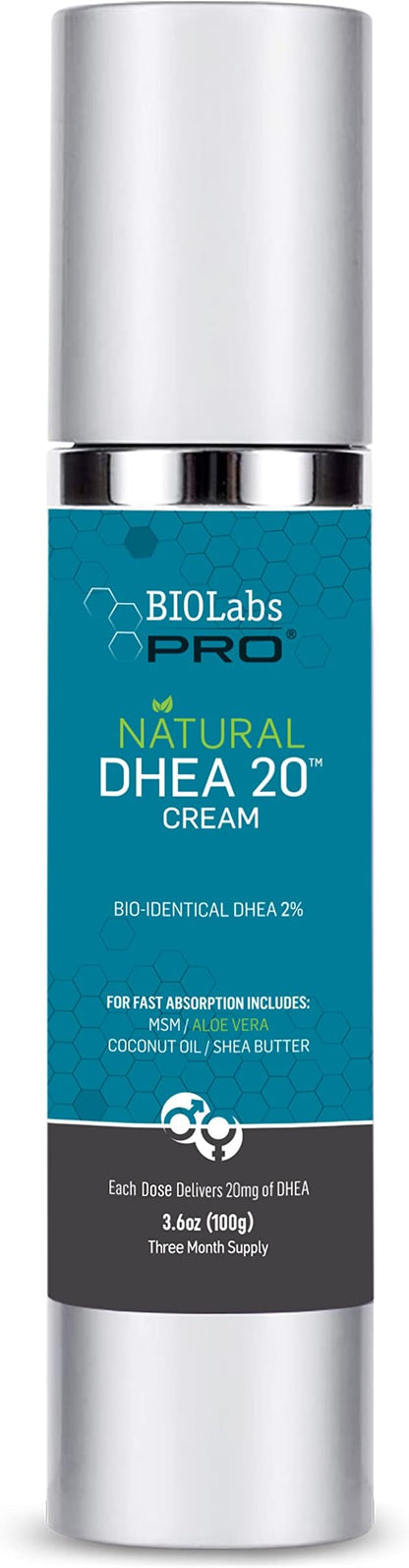 BIOLABS PRO All Natural Bioidentical 20mg Dhea Cream - Three Month Supply - for Men or Women - (Unscented - 3.6oz)