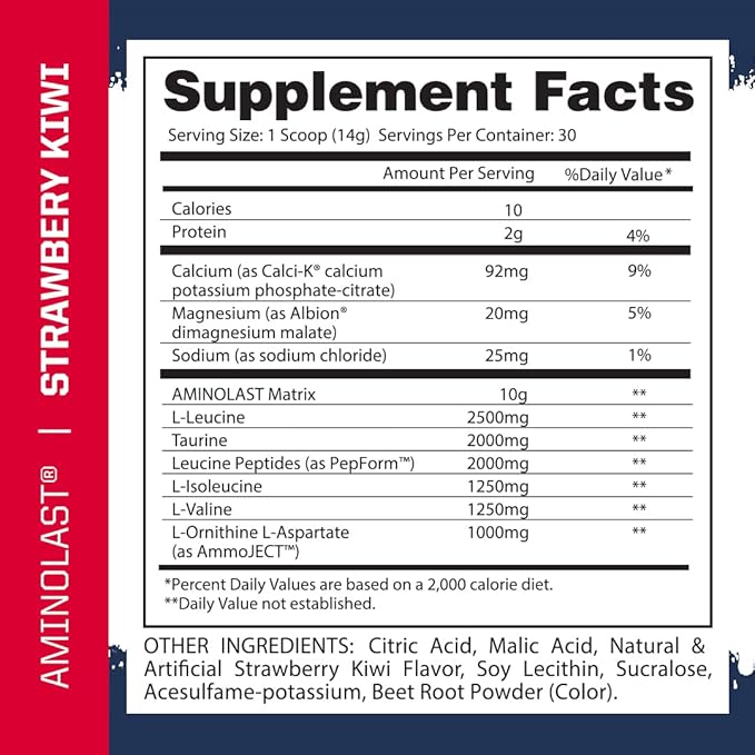 Gaspari Nutrition Aminolast, Recovery and Endurance BCAA Superfuel, 2:1:1 Amino Acid Ratio, Fueled with Electrolytes (30 Servings, Kiwi Strawberry)