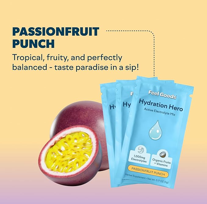 Feel Goods Hydration Hero, 1,000mg Electrolytes Powder, Sugar Free, Magnesium, Organic Coconut Water, L Theanine, Vitamin C & B12, Keto, Vegan, Electrolyte Packets, Passion Fruit Punch, 15 Count