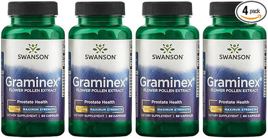 Swanson Maximum Strength Graminex Flower Pollen Extract - Supports Prostate Health, Urinary Tract Function, and Kidney Health - Mens Health Supplement - (60 Capsules, 500mg Each) (4 Pack)