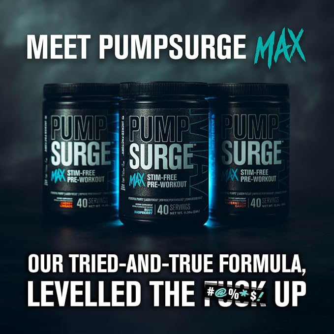 Jacked Factory Pumpsurge Max Stim Free Pre Workout - High-Performance Caffeine Free Pre Workout with L-Citrulline, N03-T Arginine Nitrate & Glutathione - 40 Servings, Blue Raspberry
