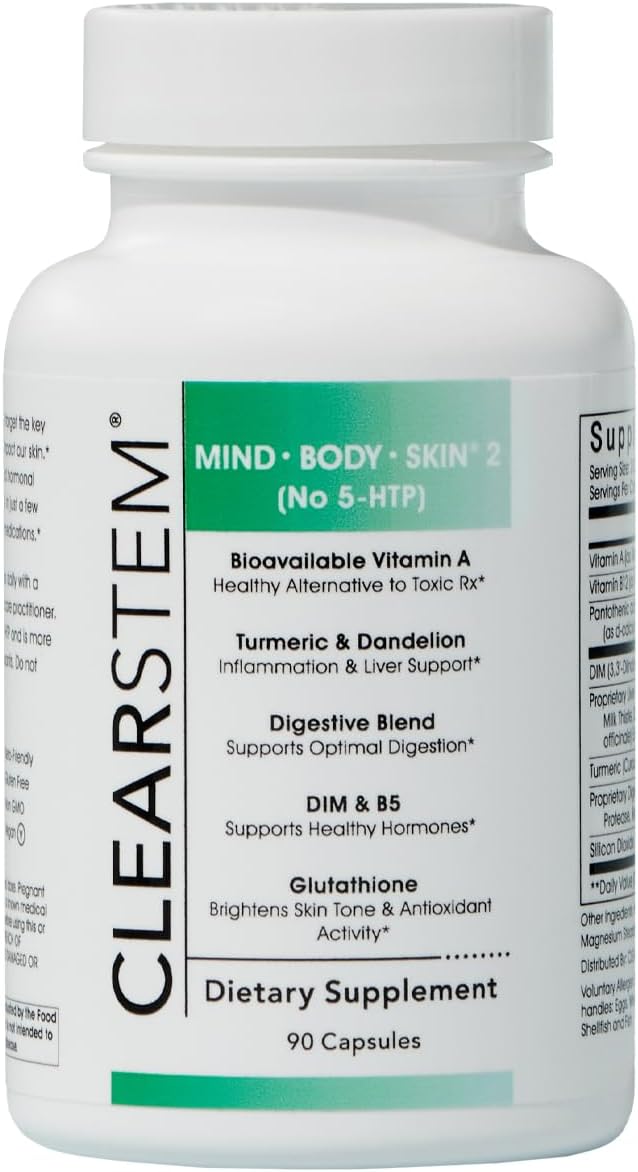 CLEARSTEM - MINDBODYSKIN Hormonal Acne Supplement (No 5-HTP) - Natural DIM Supplement - Skin Care Vitamins - Hormone Balance, Antioxidants - Vegan, Gluten Free, Cruelty Free - 30 Servings, 90 Capsules