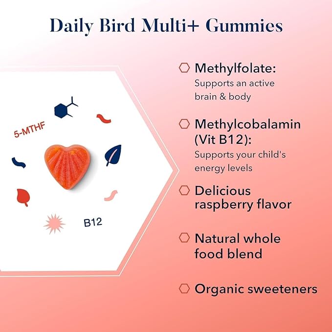 Best Nest Wellness Multi Plus Gummies - Brain Health Support Supplement with Methylated Vitamins - Chewable Multivitamin for Kids - Aids Healthy Energy & Immune Function - Raspberry, 60 Gummies