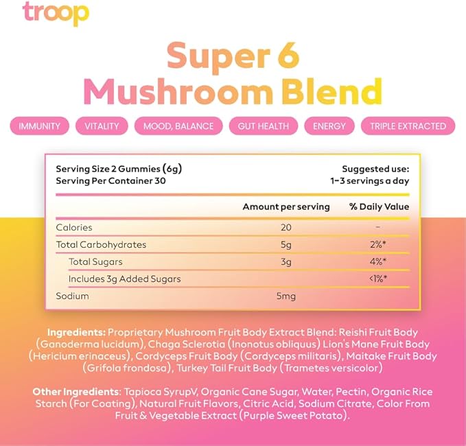 Troop Daily Super 6 Mushroom Blend for Immunity, Vitality, Mood, Balance, Gut Health, Energy - Restorative Supplement with Triple Extracted Fruit Body Blend - Vegan, Delicious Gummies, 60 Count