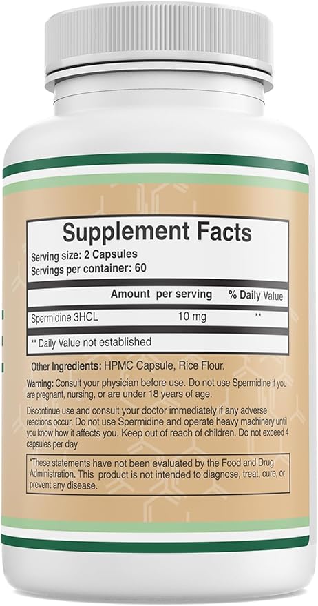 Spermidine Supplement (10mg of 99% Spermidine 3HCL - Third Party Tested) 120 Capsules - Over 100x More Potent Than Wheat Germ Extract for Cell Membrane, Telomere Health and Aging by Double Wood